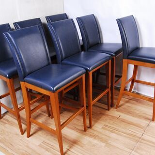 3657 カウンターチェア ７脚セット ナラ材 木製 ネイビー D40×W46.5×H115cm 座面高さ77cm 愛知県岡崎市 直接引取可