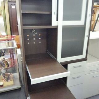 キッチンボード 幅89cm 鏡面白×こげ茶 家電ボード 食器棚キッチン収納 