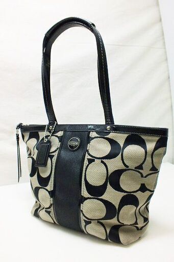 【苫小牧バナナ】COACH/コーチ ショルダーバッグ シグネチャー ストライプ トートバッグ ブラック F21950 中古♪