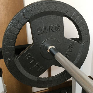 トレーニング器具　バーベル(直径28ｍｍ、160cm)、セーフティスタンド、20kgプレート×2、カラー×2