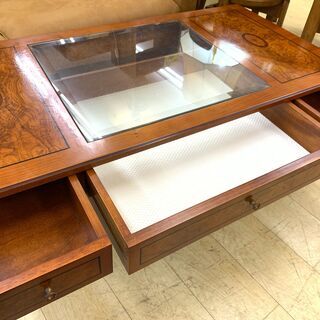 イタリア製 ローテーブル 45×120×60.5 木製 ブラウン ガラス 引き出し 