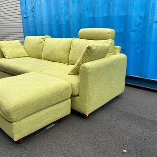 カウチソファ ソファ オットマン付き ファブリック グリーン 中古品