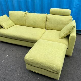 カウチソファ ソファ オットマン付き ファブリック グリーン 中古品