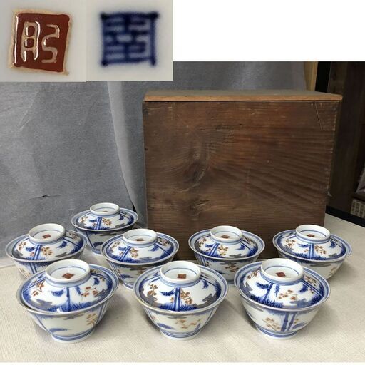 e340 古伊万里 飯茶碗 8客 色絵 蓋付飯茶碗 二重高台 木箱入り