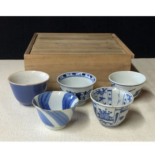 e367 煎茶碗 5客 古染付 唐物 寄せ茶碗 合わせ箱 中国古玩 成化年製