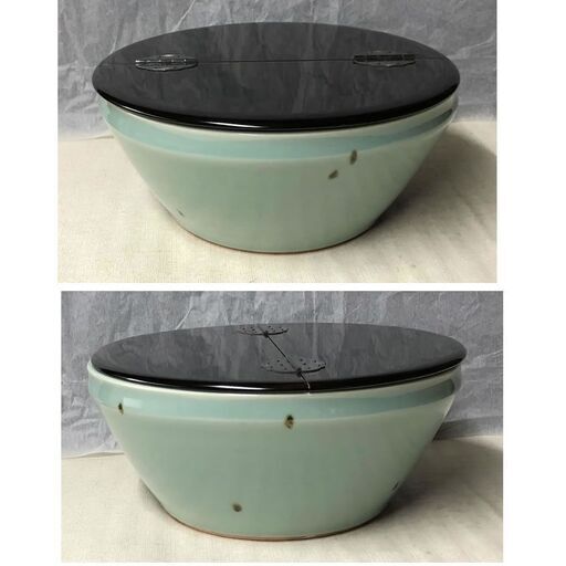 e369 飛青磁 水指 漆蓋 平安 景雲 共箱 茶道具 e369 飛青磁 水指 漆蓋 平安 景雲 共箱 茶道具