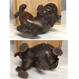 e374 備前焼 獅子 高さ14cm 置物 合わせ箱 e374 備前焼 獅子 高さ14cm 置物 合わせ箱