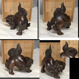 e374 備前焼 獅子 高さ14cm 置物 合わせ箱