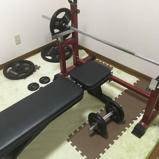 バーベル・ダンベル140kgセット、ベンチプレスラック(セーフティ付き)、トレーニングベンチ