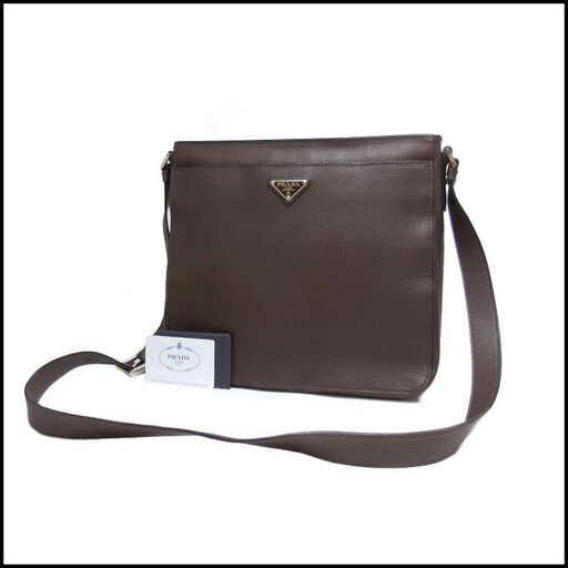 良品 PRADA プラダ レザー ショルダーバッグ VA1073 濃茶 カード付
