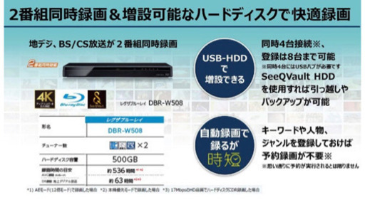 【やり取り中】東芝 2018年製　REGZA 500GB 2チューナー HDD\u0026ブルーレイレコーダー DBR-W508