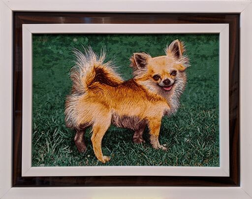 犬(チワワ）絵画絨毯 高級ペルシャ絨毯 ウール・シルク手織