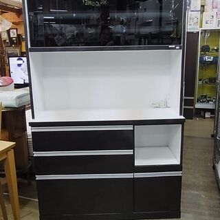 キッチン収納家具　ガラス引戸レンジボード　ダークブラウン　フルオープンスライドレール　食器棚　キッチンボード　家電