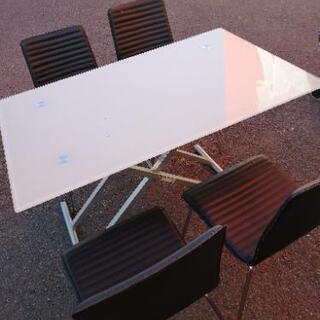 油圧昇降式　ガラステーブル　椅子4個　セット　高さ調節　ダイニン...