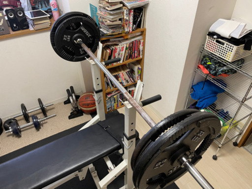 ベンチプレス台、プレート15kg2枚、10㎏2枚、バー、スクワット台セット 