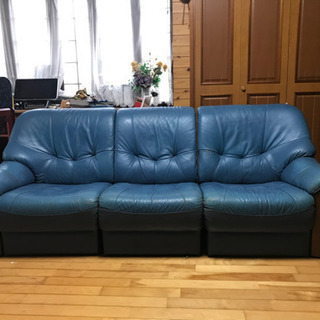 大きめソファ☆ブルー革製☆椅子☆家具ファニチャーデスク