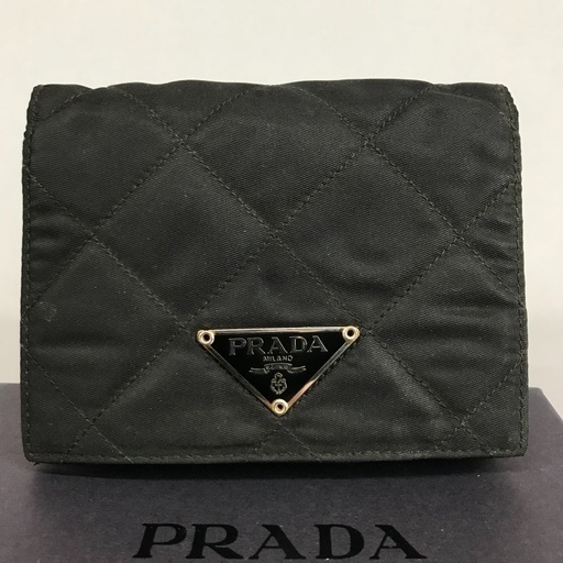 PRADA プラダ 黒レザー×ナイロン ワイルドステッチ キルティング折財布
