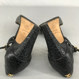 CHANEL シャネル ココマーク黒×銀バイカラー オープントゥヒール