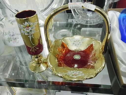 3割引きで販売中！10,978円→7,684円！　 ベネチアガラス MURANO　金彩　フラワーベース　花器 イタリア ムラーノ　バスケット　べネチアングラス