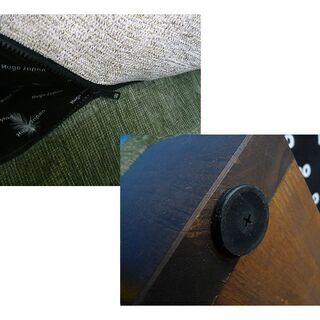 〇 廃盤品【フェザー使用! HUGO JAPAN カウチソファ】布張地 ファブリック クッション着脱可能 グリーン系＆オフホワイト系 ヒューゴ ジャパン 3人掛けソファ 3人掛けソファー L字ソファ 本郷通店