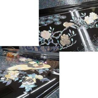 河東 鄭 鍾基作 螺鈿漆器孔雀紋座卓 幅190×奥97×高36cm テーブル 鳥 花 プレート・保証書付き ローテーブル センターテーブル 札幌市 清田区 平岡