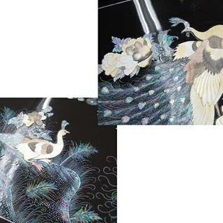 河東 鄭 鍾基作 螺鈿漆器孔雀紋座卓 幅190×奥97×高36cm テーブル 鳥 花 プレート・保証書付き ローテーブル センターテーブル 札幌市 清田区 平岡