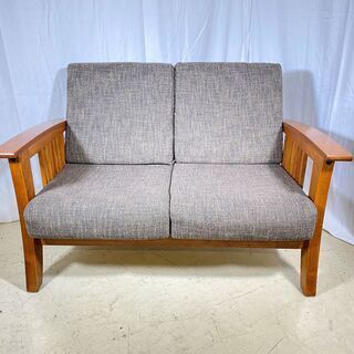 ソファ 木製フレーム 2人掛け 茶 中古品