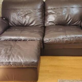 【美品】ニトリ Nステイツ ソファー 本革 3人掛け(2人掛けワイド) 幅198cm スツール(オットマン)付き ダークブラウン