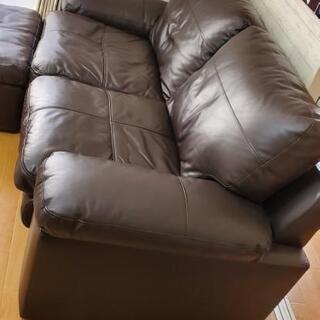 【美品】ニトリ Nステイツ ソファー 本革 3人掛け(2人掛けワイド) 幅198cm スツール(オットマン)付き ダークブラウン