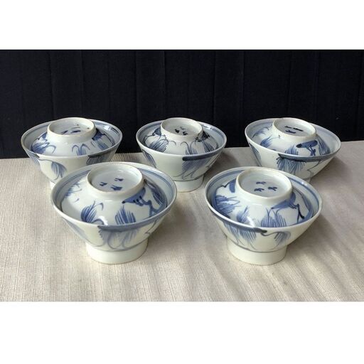 e444 古伊万里 蓋茶碗 5客 染付 飯茶碗 江戸時代