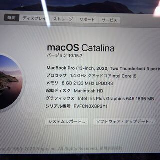 保証残有☆アップル◇MacBook Pro 2020【MXK62J/A】Core i5 1.4GHz