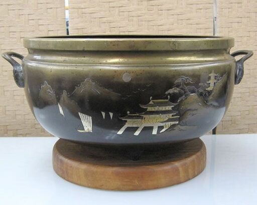 火鉢 丸火鉢 茶道具 古道具 木製 銅製 昭和 レトロ アンティーク - 工芸品