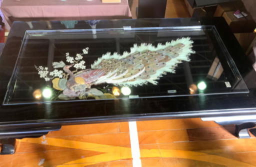 中国 螺鈿(らでん)細工 天板ガラス テーブル