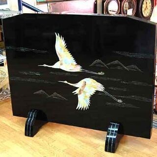 螺鈿細工 衝立 河東 鄭 鍾基作 伝統工芸 鳥 梅 漆塗り 間仕切 花鳥絵 梅 鶴 両面☆ 札幌市 清田区 平岡