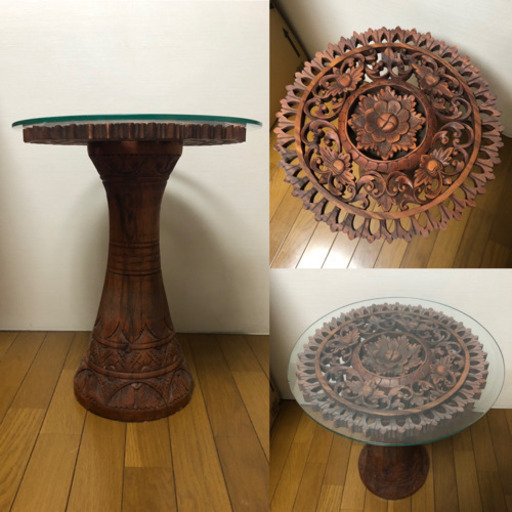 アジアン　手彫りのウッド\u0026ガラステーブル