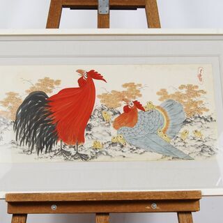 4179 日本画 鶏 雛鳥 サイン有 額装 D33.5×W75c...