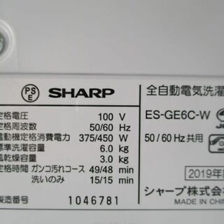洗濯機 6.0kg 2019年製 シャープ ES-GE6C 高年式 白 全自動洗濯機