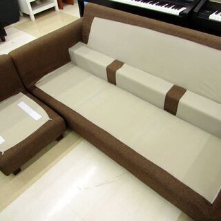 札幌市/清田区 3Pカウチソファ L字ソファ ベージュ 布地 替えカバー(グリーン/ブラウン)付