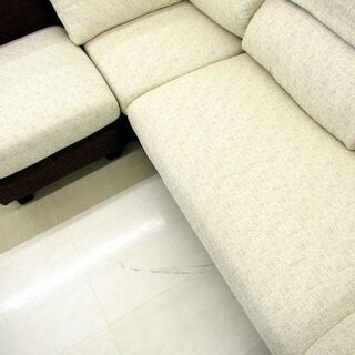 札幌市/清田区 3Pカウチソファ L字ソファ ベージュ 布地 替えカバー(グリーン/ブラウン)付
