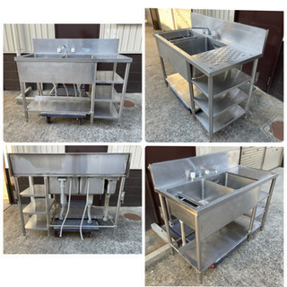 業務用　ステンレス　2層シンク流し台　蛇口付き　ダストBOX付き　W1250xD600xH850mm