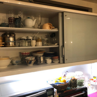 幅160 食器棚 キッチンボード 白 鏡面 引戸 滑らかスライド引出し