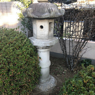 日本庭園の灯籠、石、松2本、その他の植木、敷石