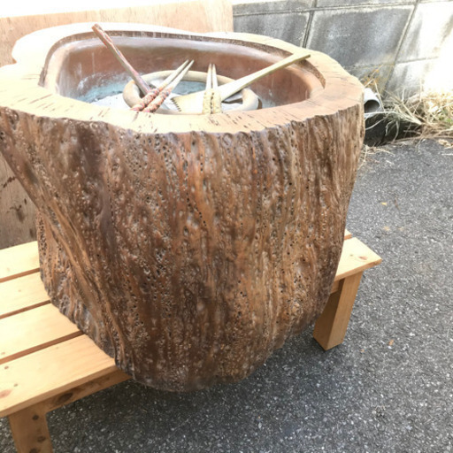 木製火鉢+銅板付☆木彫り・くり抜き☆43cm×35cm×高さ30cm