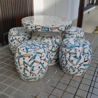【希少】陶器 ガーデンテーブル 5点セット(テーブル1点 チェア...