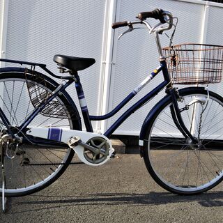 　六段ママチャリ　27インチ　紺メタリック色　　中古自転車