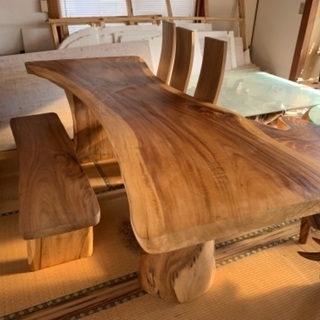 訳あり【高級バリ家具④】入手困難　一枚板テーブル　５点セット特注製作品　チーク・マホガニー　ダイニングテーブルセット