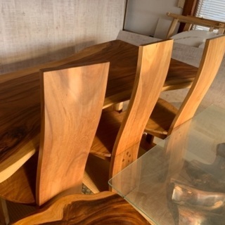 訳あり【高級バリ家具④】入手困難　一枚板テーブル　５点セット特注製作品　チーク・マホガニー　ダイニングテーブルセット