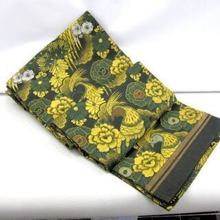 アンティーク 丸帯 全通 4点セット 孔雀/鶴/花紋 刺繍 札幌 390-4m 幅30-