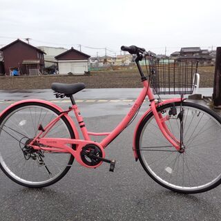 婦人用自転車 変速7段 カゴ付き軽快車 ピンク 整備済み(85)