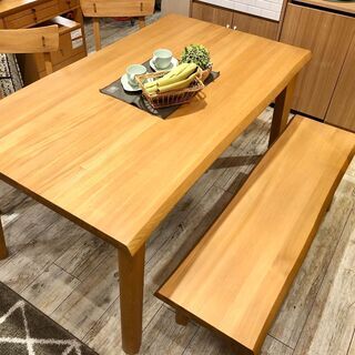 中古 タモ無垢材 ベンチダイニング 4点セット